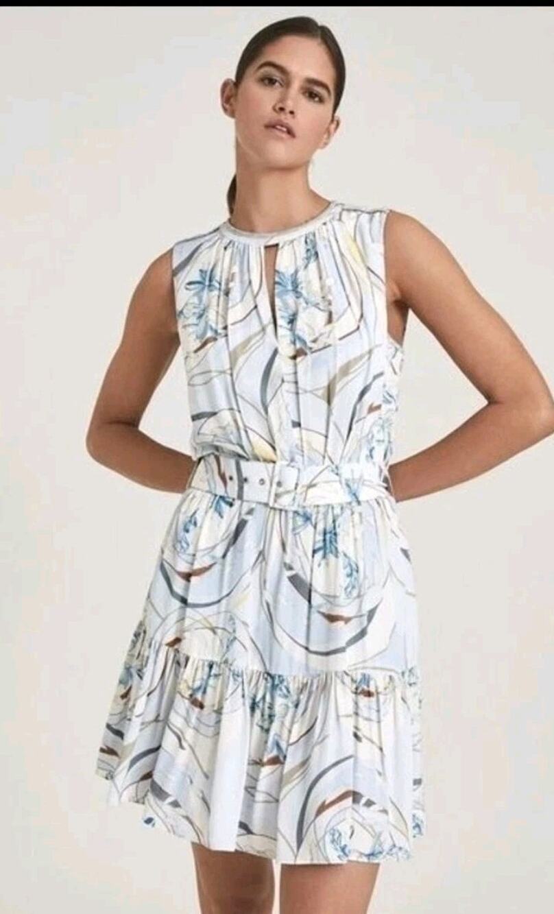 NWT Reiss Vienna Swirl Dress Sz 12 Ruched Pleated Tiered Skirt Retro Y2K Blue